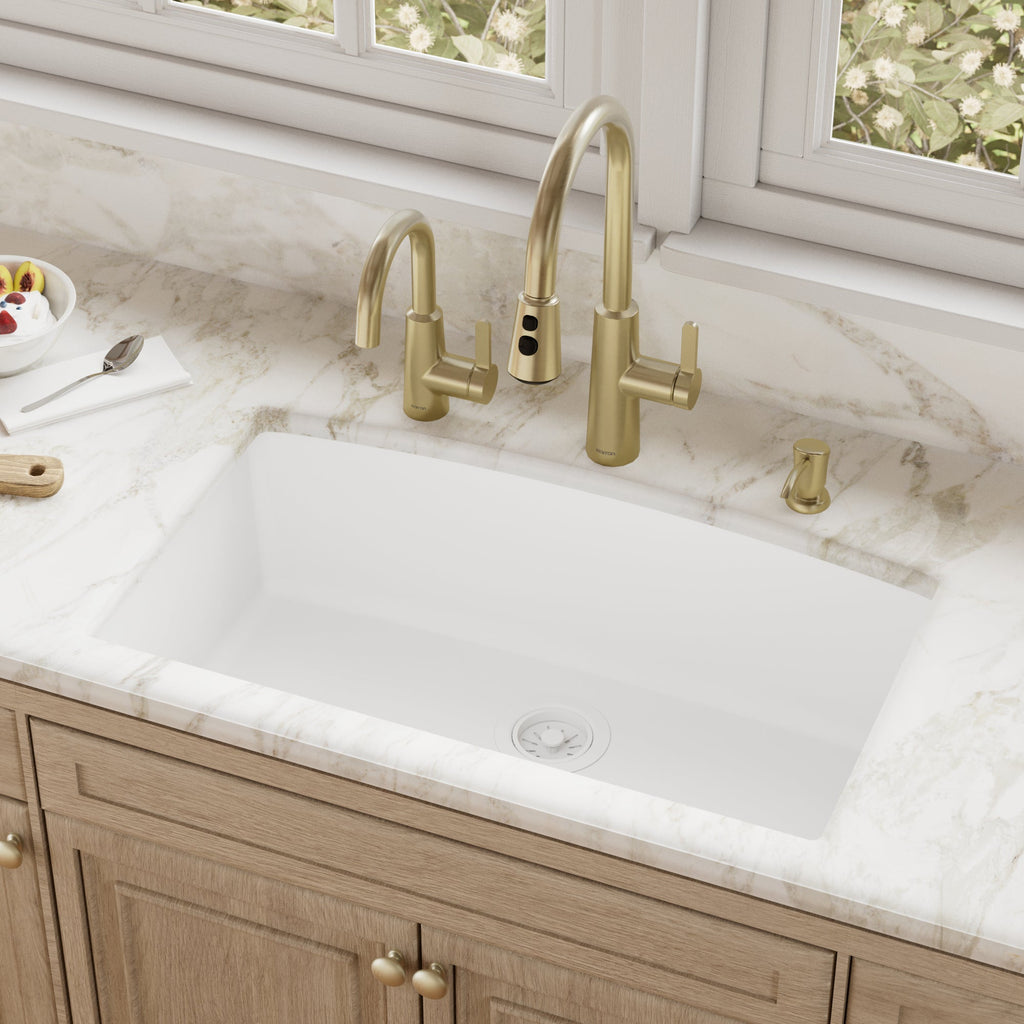 32-1/2" Undermount Large Single Bowl Quartz Composite Kitchen Sink In White