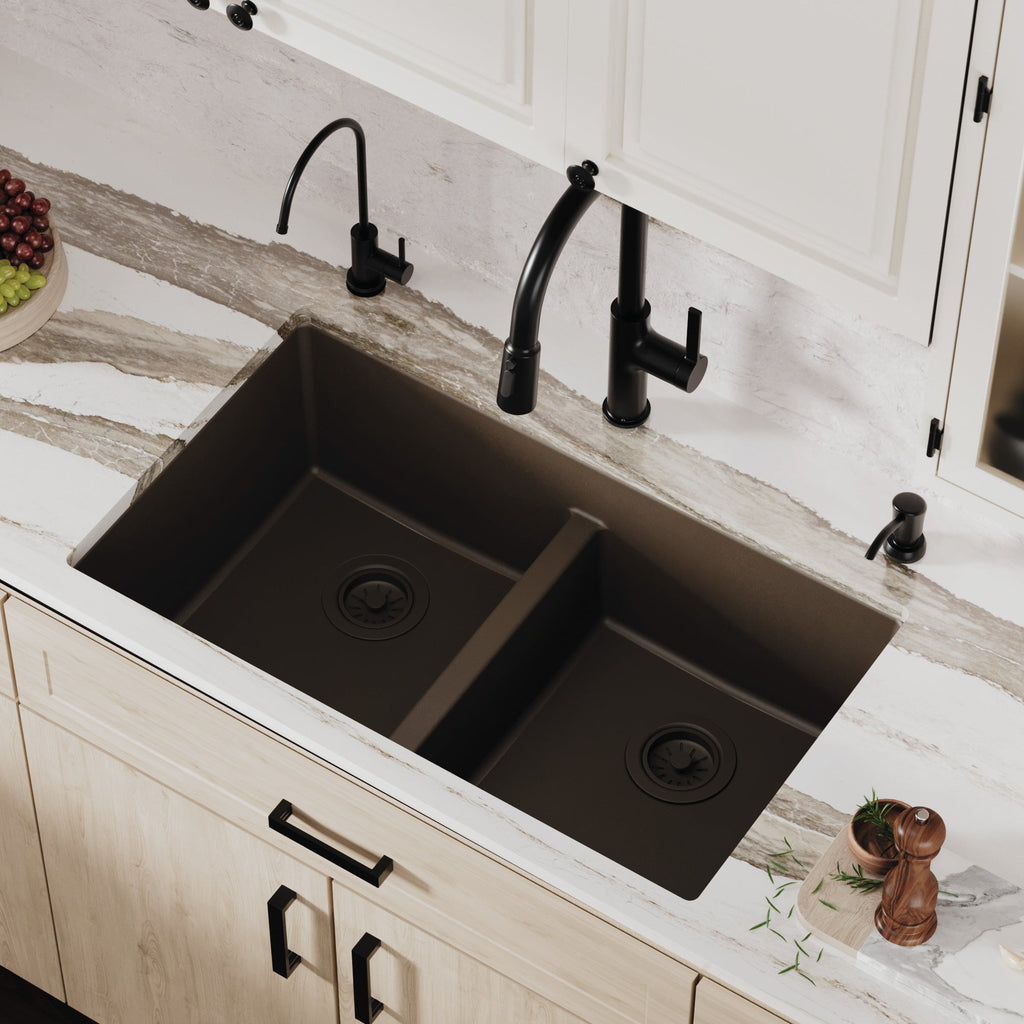 32-3/8" Undermount Double Equal Bowl Quartz Composite Kitchen Sink In Brown