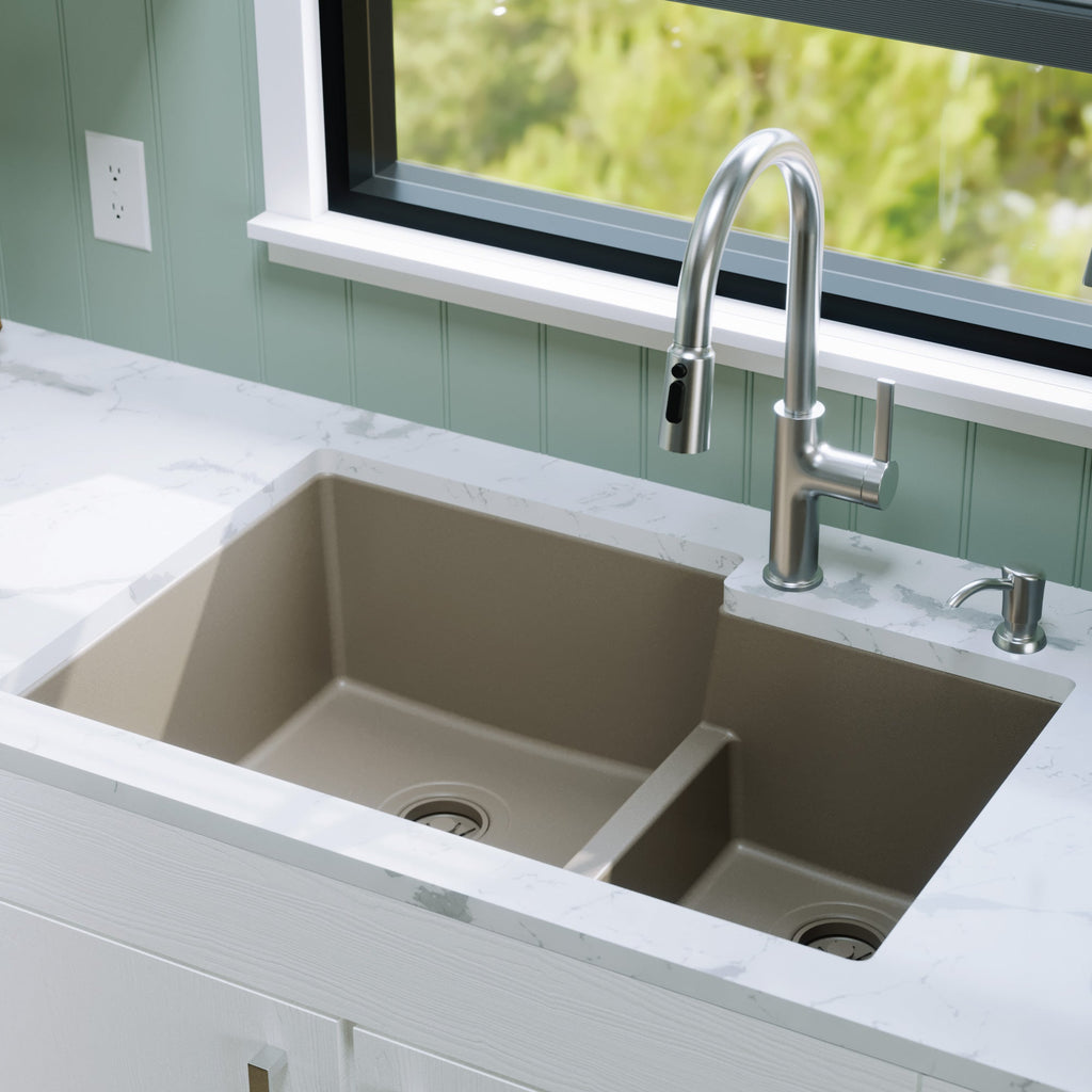 32-1/4" Undermount Double Offset Bowl Quartz Composite Kitchen Sink In Concrete