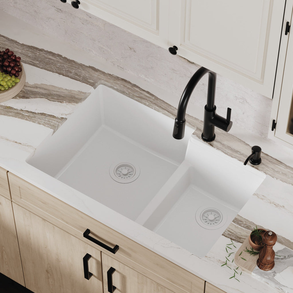 32-1/4" Undermount Double Offset Bowl Quartz Composite Kitchen Sink In White