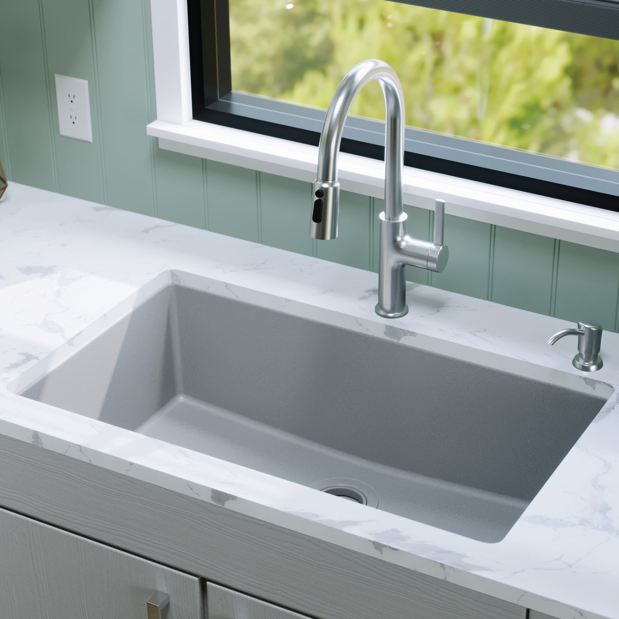 32-3/8" Undermount Large Single Bowl Quartz Composite Kitchen Sink In Grey