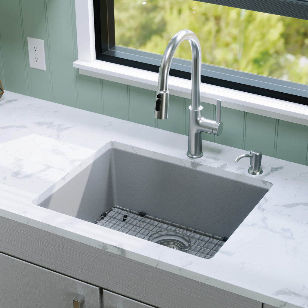 24-3/8" Undermount Single Bowl Quartz Composite Kitchen Sink Kit In Grey