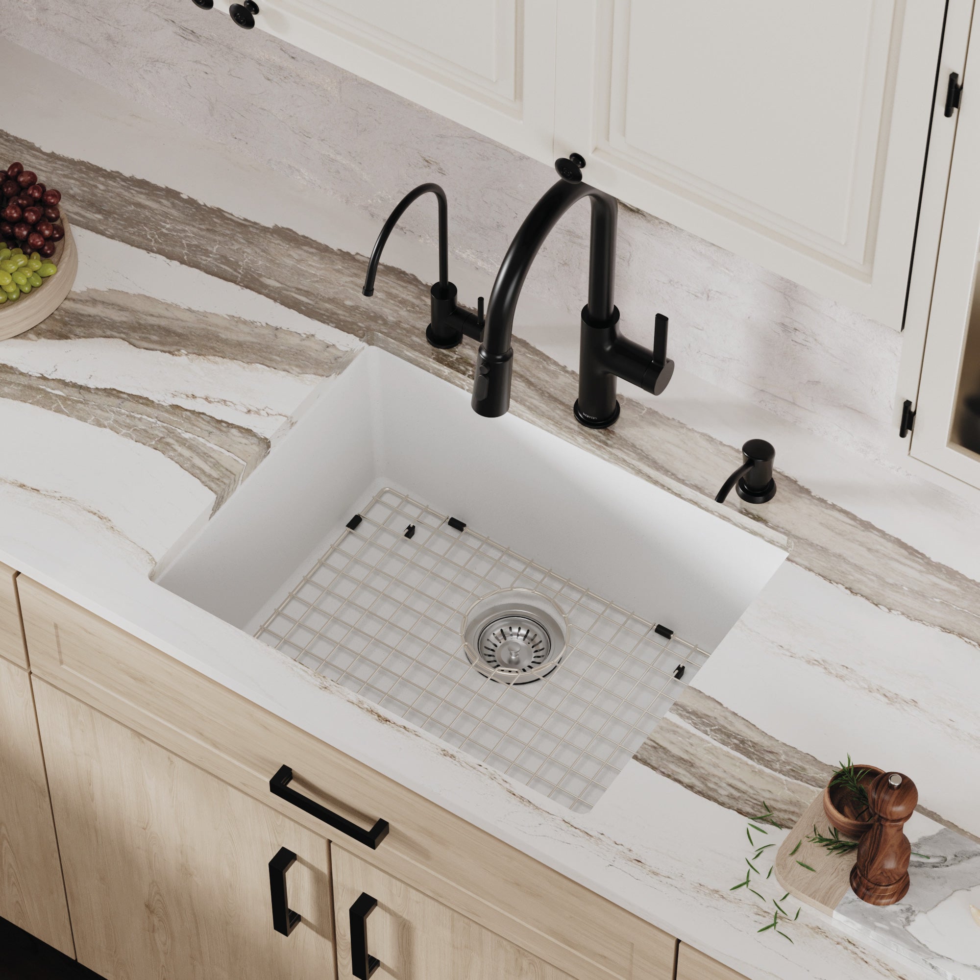 24-3/8" Undermount Single Bowl Quartz Composite Kitchen Sink Kit In White