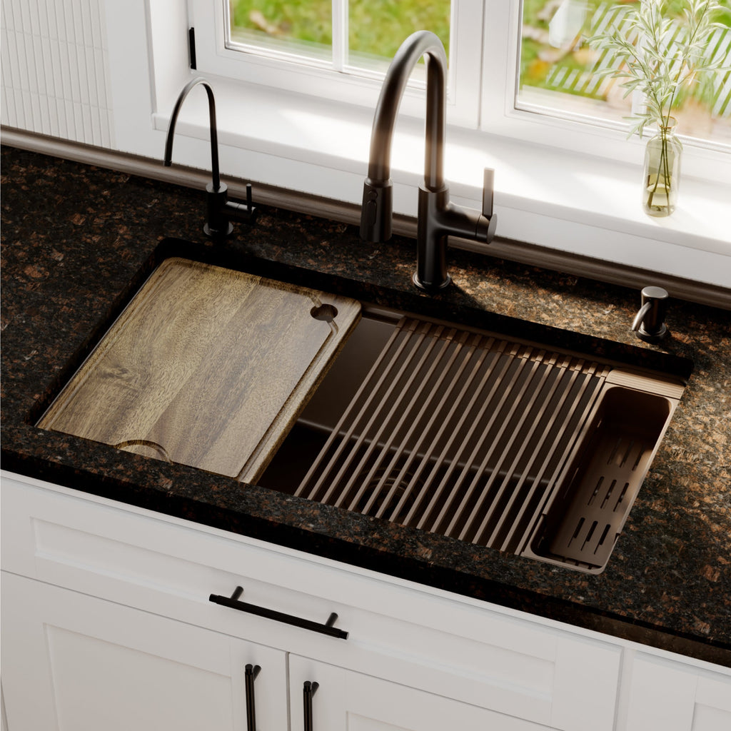 32" Undermount Single Bowl Quartz Kitchen Sink Kit In Brown