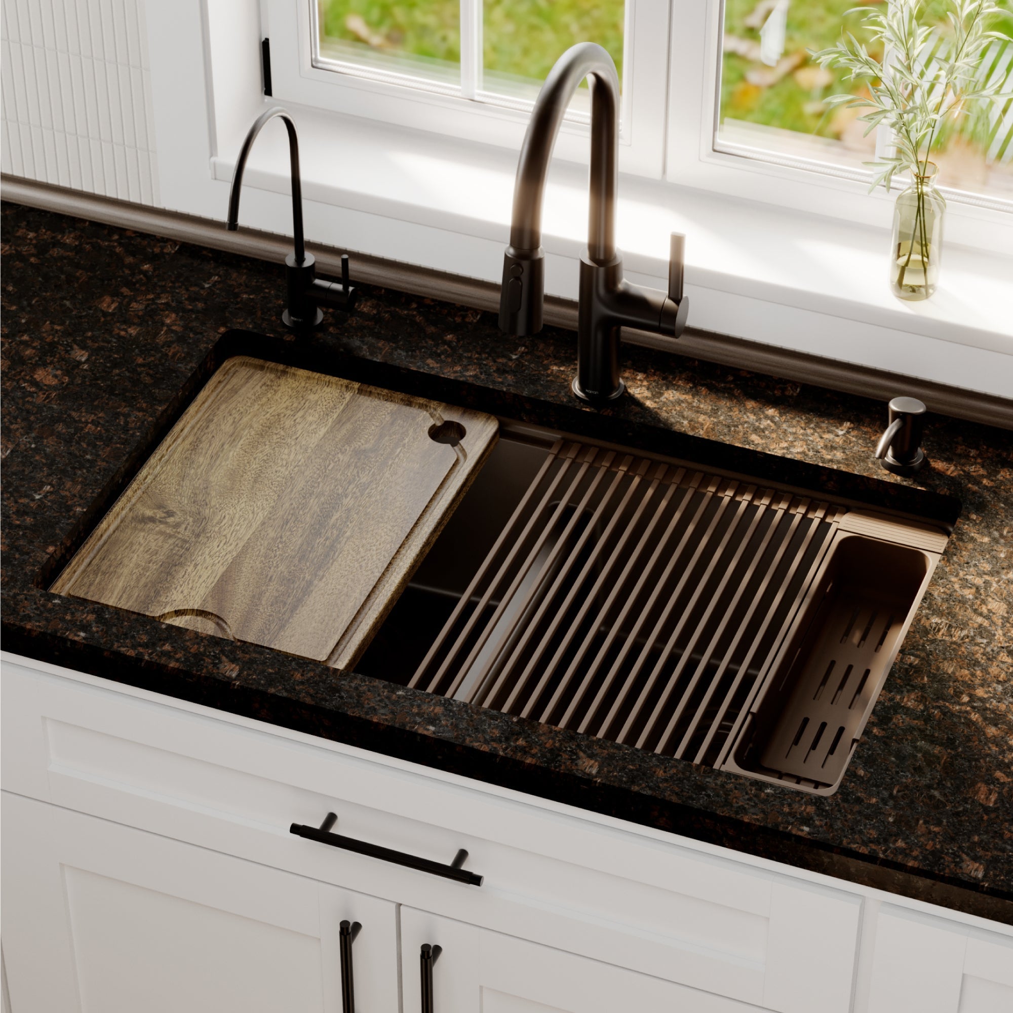 32" Undermount Double Bowl Quartz Kitchen Sink Kit In Brown