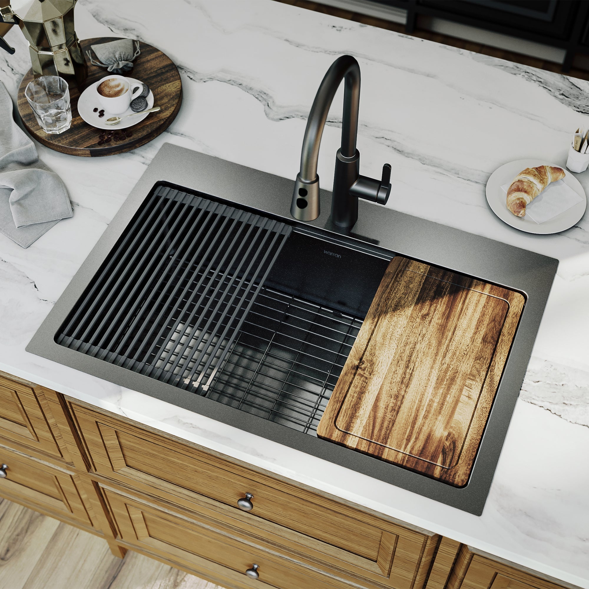 Elite 33" Top Mount Workstation 16 Gauge Stainless Steel Single Bowl Kitchen Sink In Gunmetal Black
