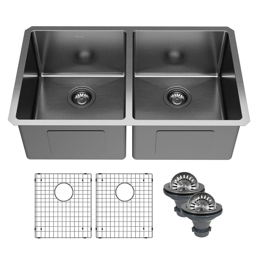 Elite 32" Undermount 16 Gauge Stainless Steel Double Bowl Kitchen Sink In Gunmetal Black