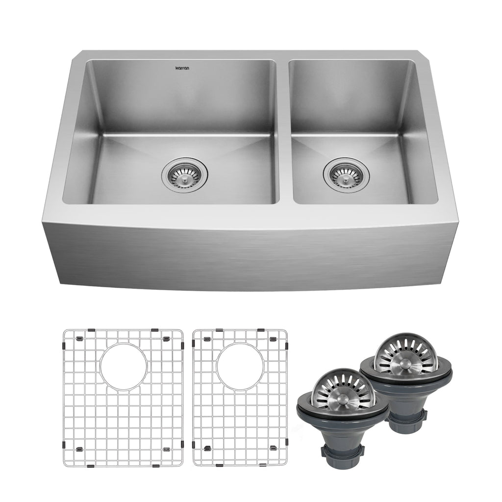 Elite 33" Apron Front 16 Gauge Double Offset Bowl Stainless Steel Kitchen Sink with Accessories