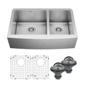 Elite 33" Apron Front 16 Gauge Double Offset Bowl Stainless Steel Kitchen Sink with Accessories