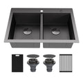 Matrix 33" Top Mount Workstation 16 Gauge Double Bowl Stainless Steel Kitchen Sink In Gunmetal Grey with Accessories