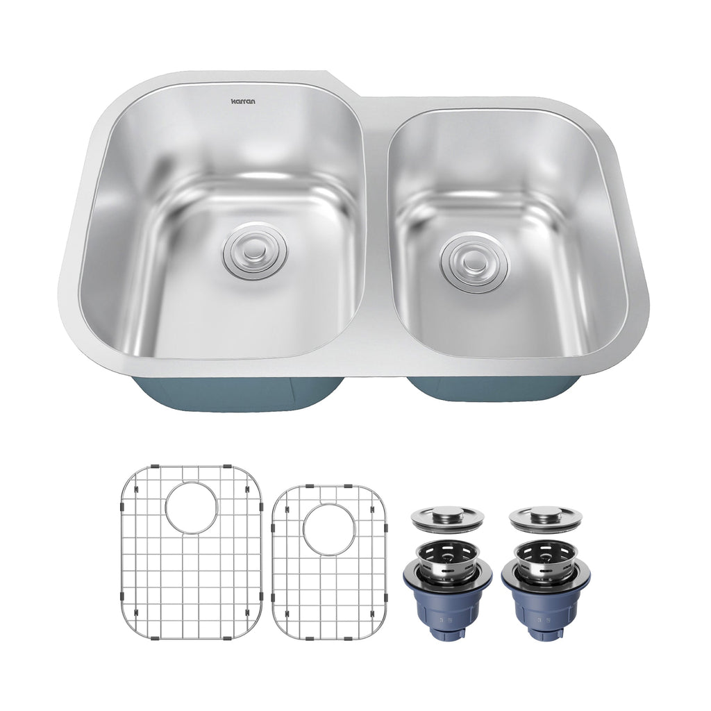 Profile 31" Undermount 18 Gauge Double Offset Bowl Stainless Steel Kitchen Sink with Accessories