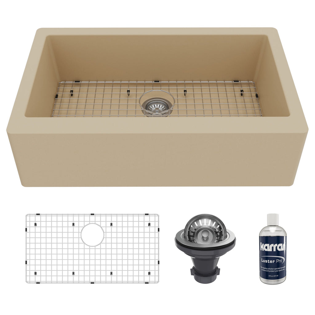 Farmhouse/Apron-Front Quartz Composite 34" Single Bowl Kitchen Sink Kit In Bisque