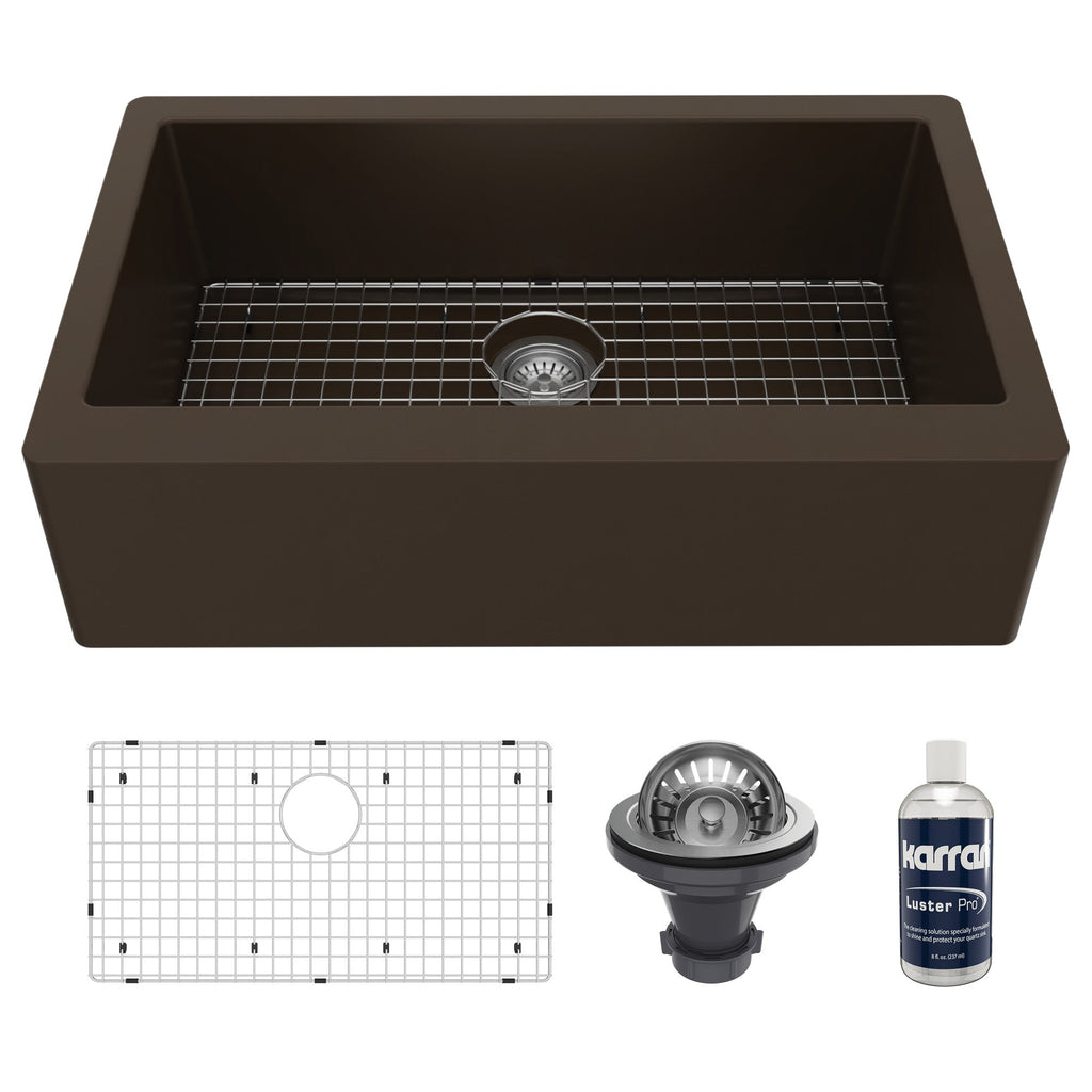 34" Farmhouse Large Single Bowl Quartz Composite Kitchen Sink Kit In Brown
