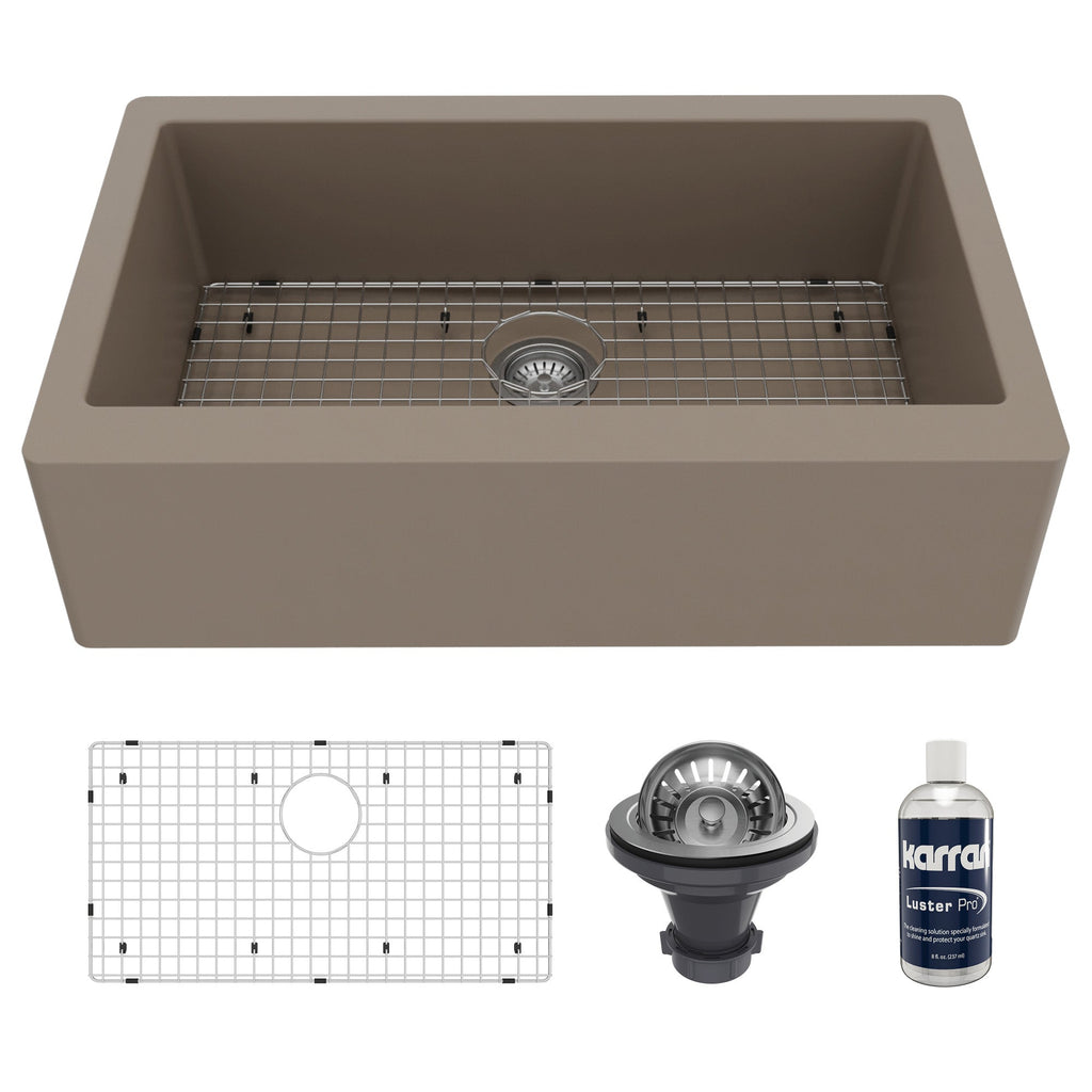 34" Farmhouse Large Single Bowl Quartz Composite Kitchen Sink Kit In Concrete
