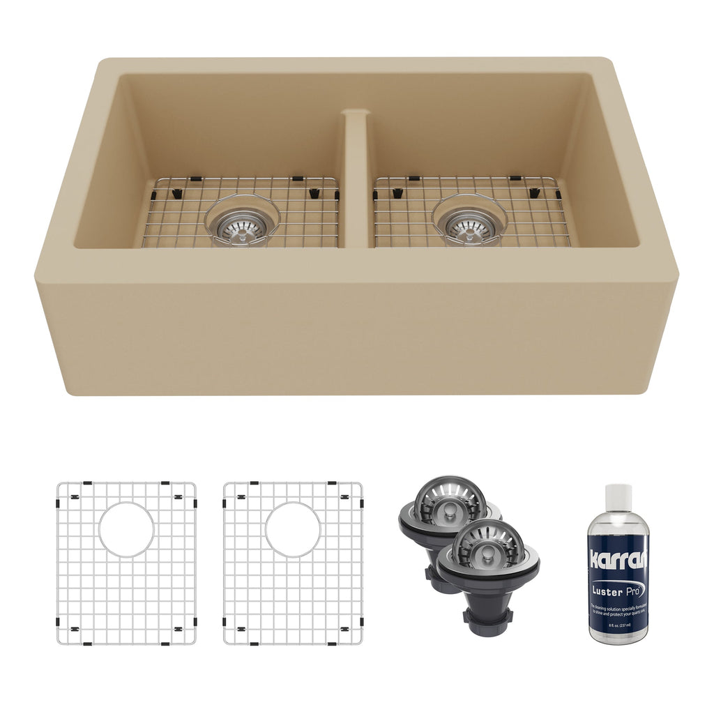 34" Farmhouse Double Equal Bowl Quartz Composite Kitchen Sink Kit In Bisque