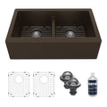 34" Farmhouse Double Equal Bowl Quartz Composite Kitchen Sink Kit In Brown