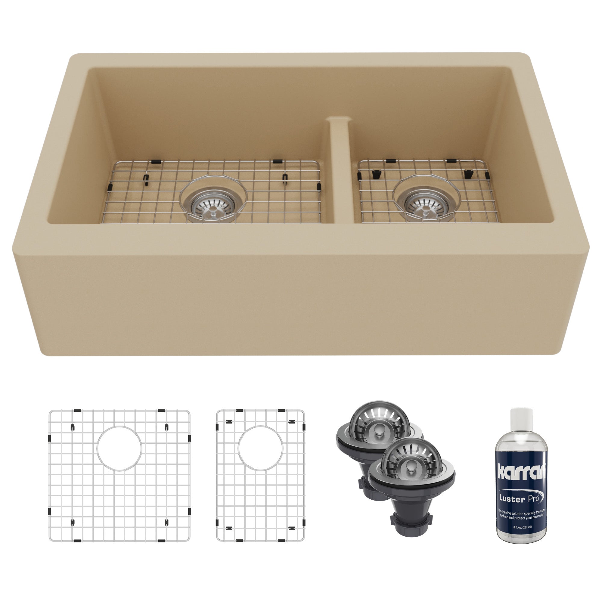34" Farmhouse Double Offset Bowl Quartz Composite Kitchen Sink Kit In Bisque