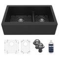 34" Farmhouse Double Offset Bowl Quartz Composite Kitchen Sink Kit In Black