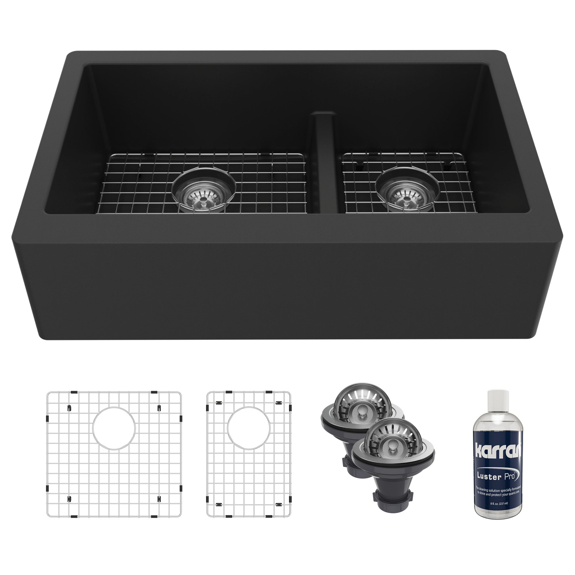 34" Farmhouse Double Offset Bowl Quartz Composite Kitchen Sink Kit In Black