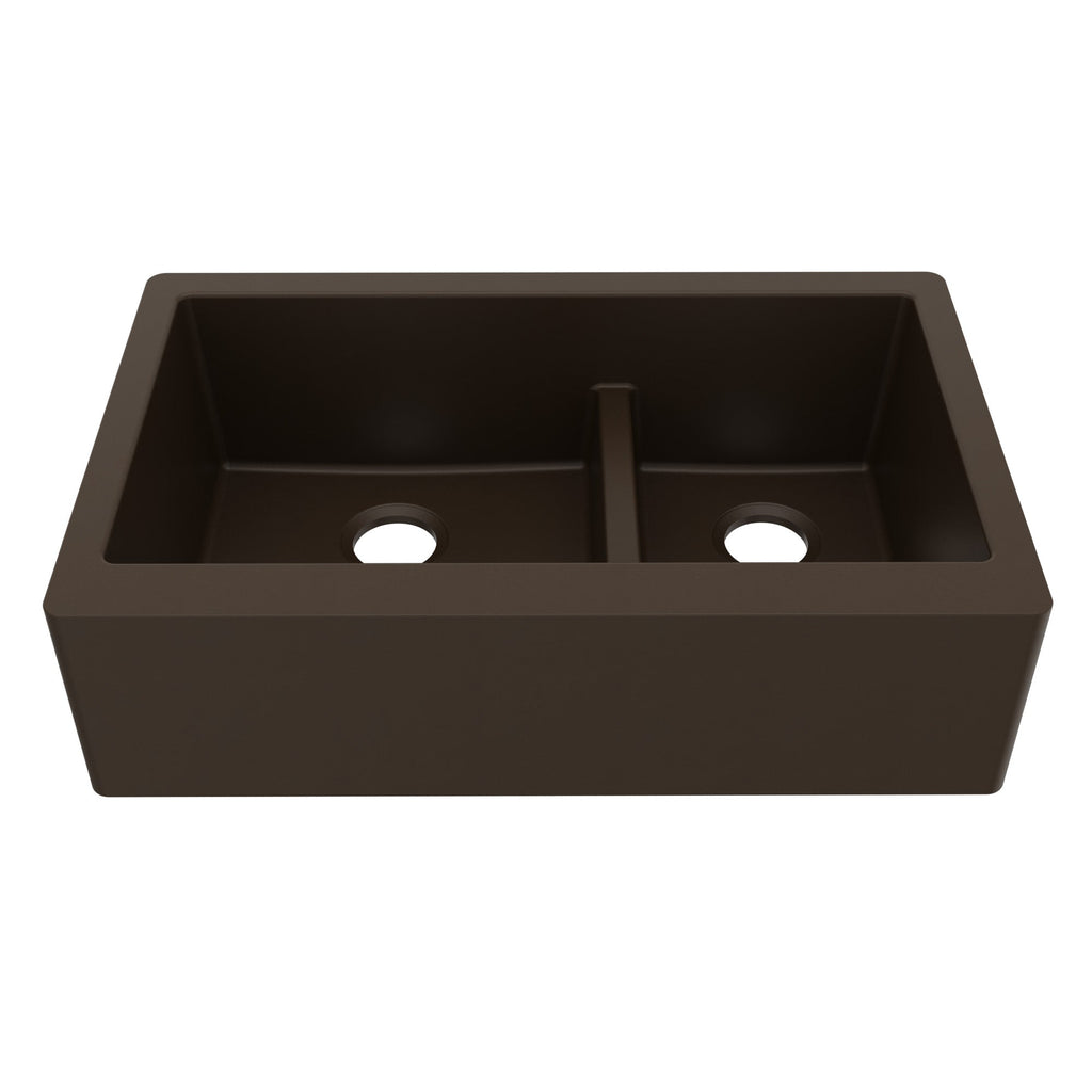 34" Farmhouse Double Offset Bowl Quartz Composite Kitchen Sink In Brown