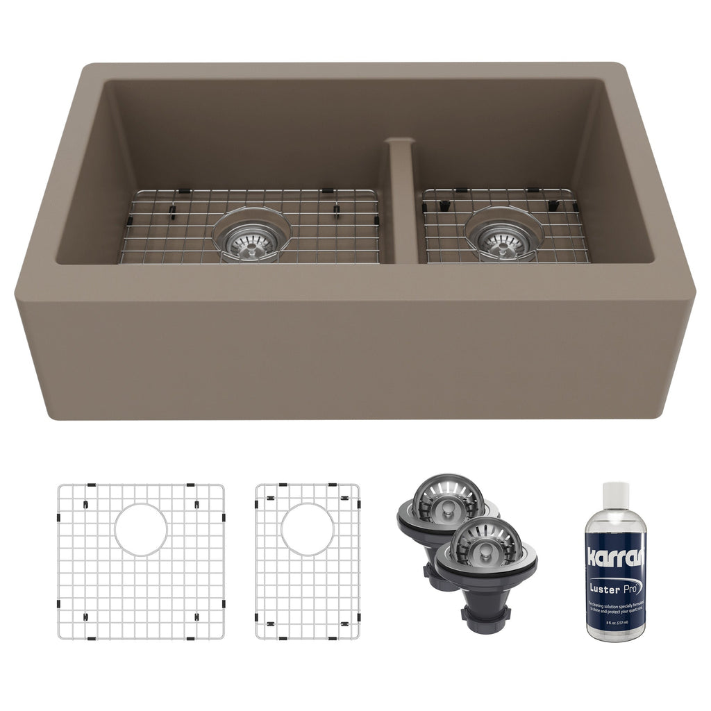 34" Farmhouse Double Offset Bowl Quartz Composite Kitchen Sink Kit In Concrete