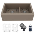 34" Farmhouse Double Offset Bowl Quartz Composite Kitchen Sink Kit In Concrete
