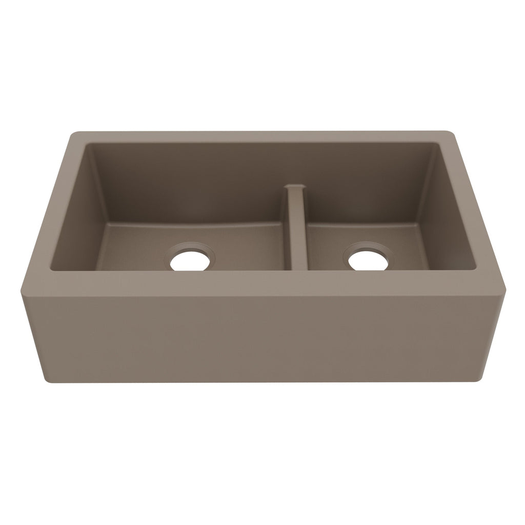 34" Farmhouse Double Offset Bowl Quartz Composite Kitchen Sink In Concrete