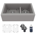 34" Farmhouse Double Offset Bowl Quartz Composite Kitchen Sink Kit In Grey