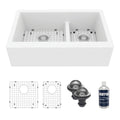 34" Farmhouse Double Offset Bowl Quartz Composite Kitchen Sink Kit In White