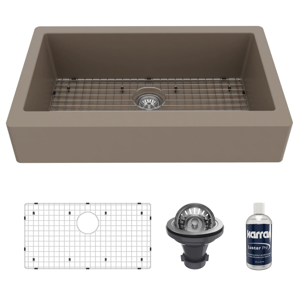 34" Retrofit Farmhouse Large Single Bowl Quartz Composite Kitchen Sink Kit In Concrete