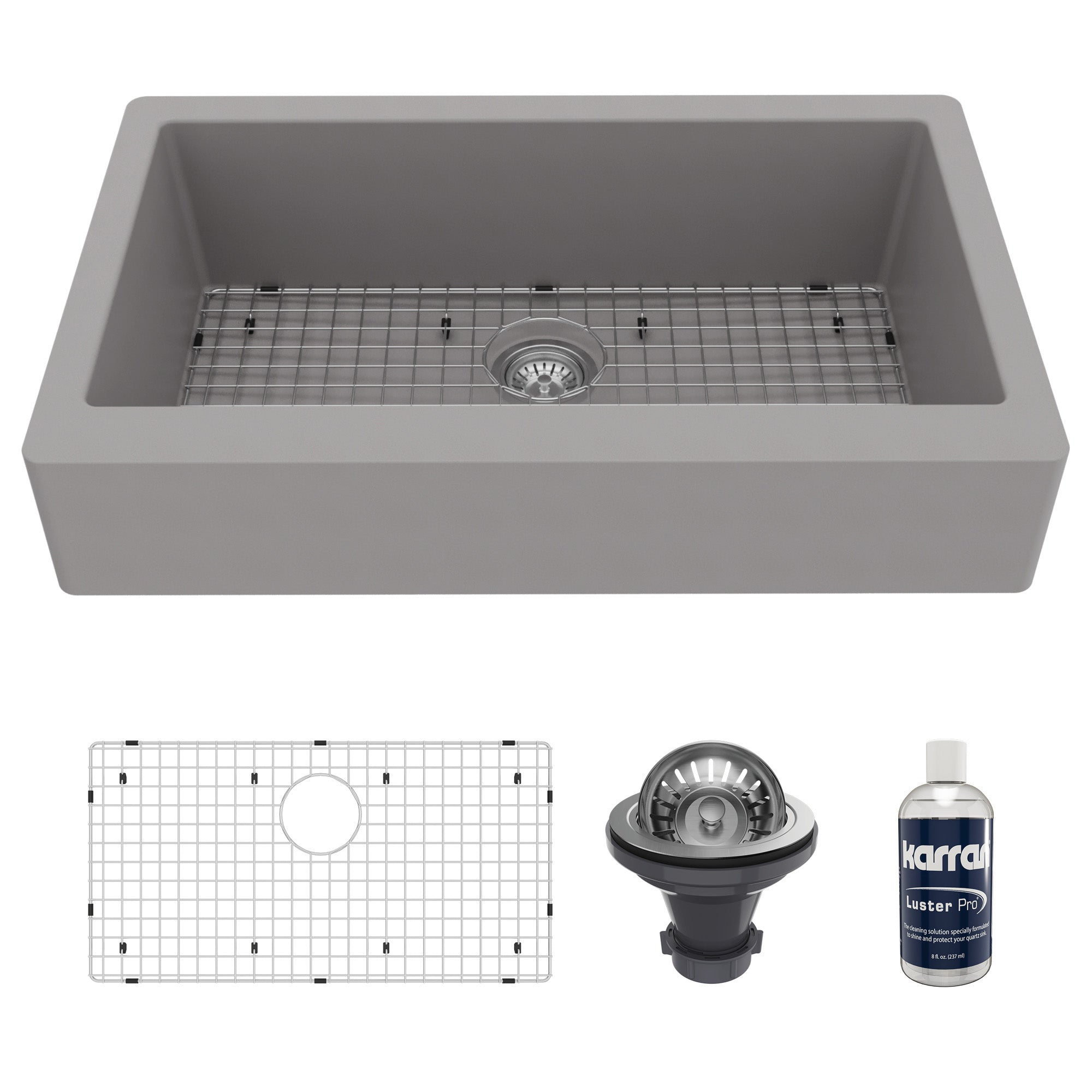 34" Retrofit Farmhouse Large Single Bowl Quartz Composite Kitchen Sink Kit In Grey