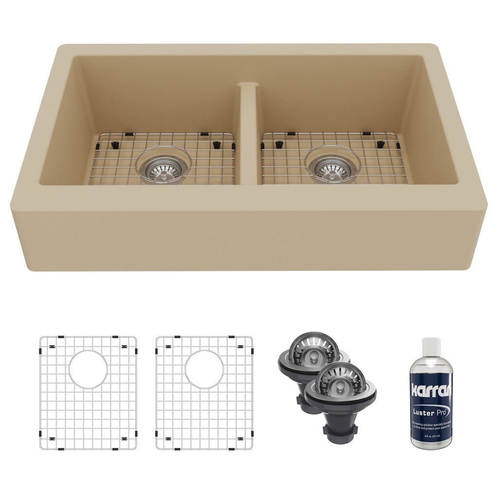 34" Retrofit Farmhouse Double Equal Bowl Quartz Composite Kitchen Sink Kit In Bisque