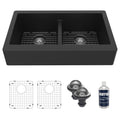 34" Retrofit Farmhouse Double Equal Bowl Quartz Composite Kitchen Sink Kit In Black