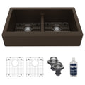 34" Retrofit Farmhouse Double Equal Bowl Quartz Composite Kitchen Sink Kit In Brown