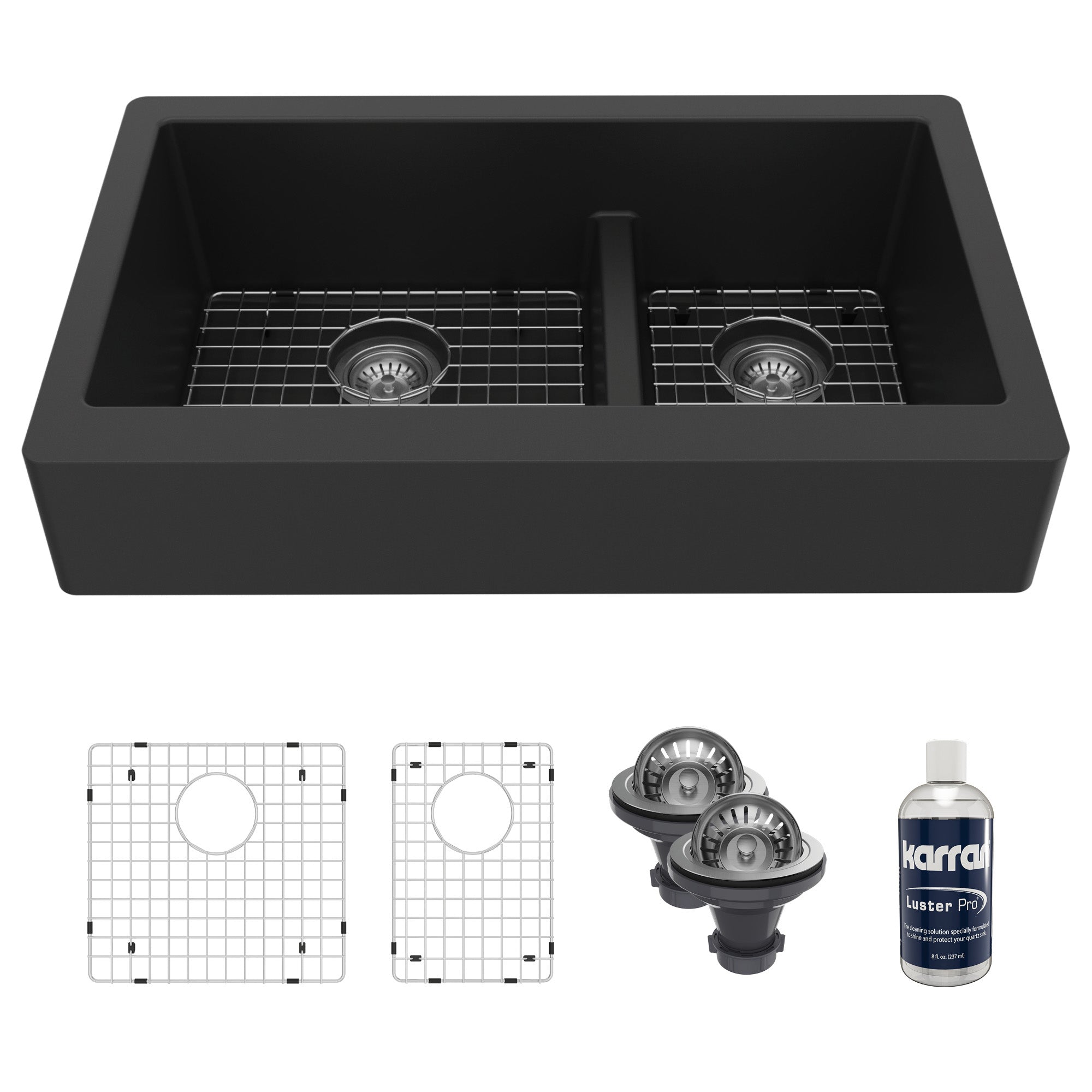 34" Retrofit Farmhouse Double Offset Bowl Quartz Composite Kitchen Sink Kit In Black