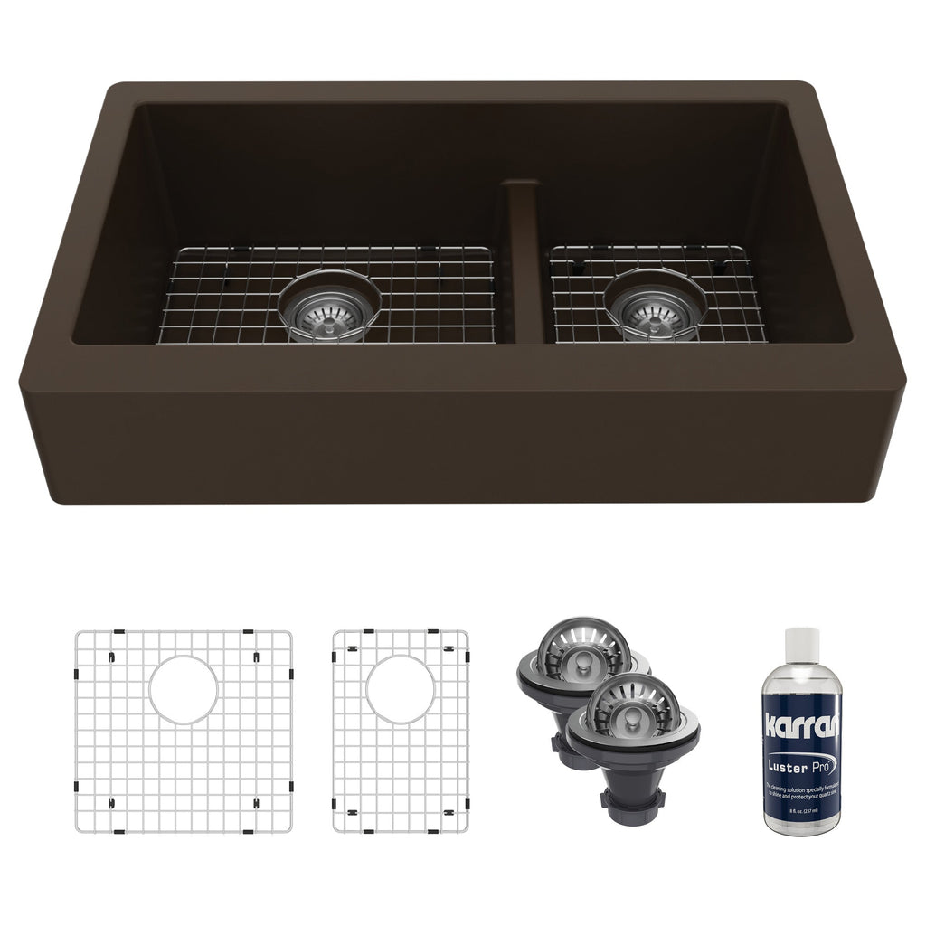 34" Retrofit Farmhouse Double Offset Bowl Quartz Composite Kitchen Sink Kit In Brown