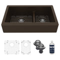 34" Retrofit Farmhouse Double Offset Bowl Quartz Composite Kitchen Sink Kit In Brown