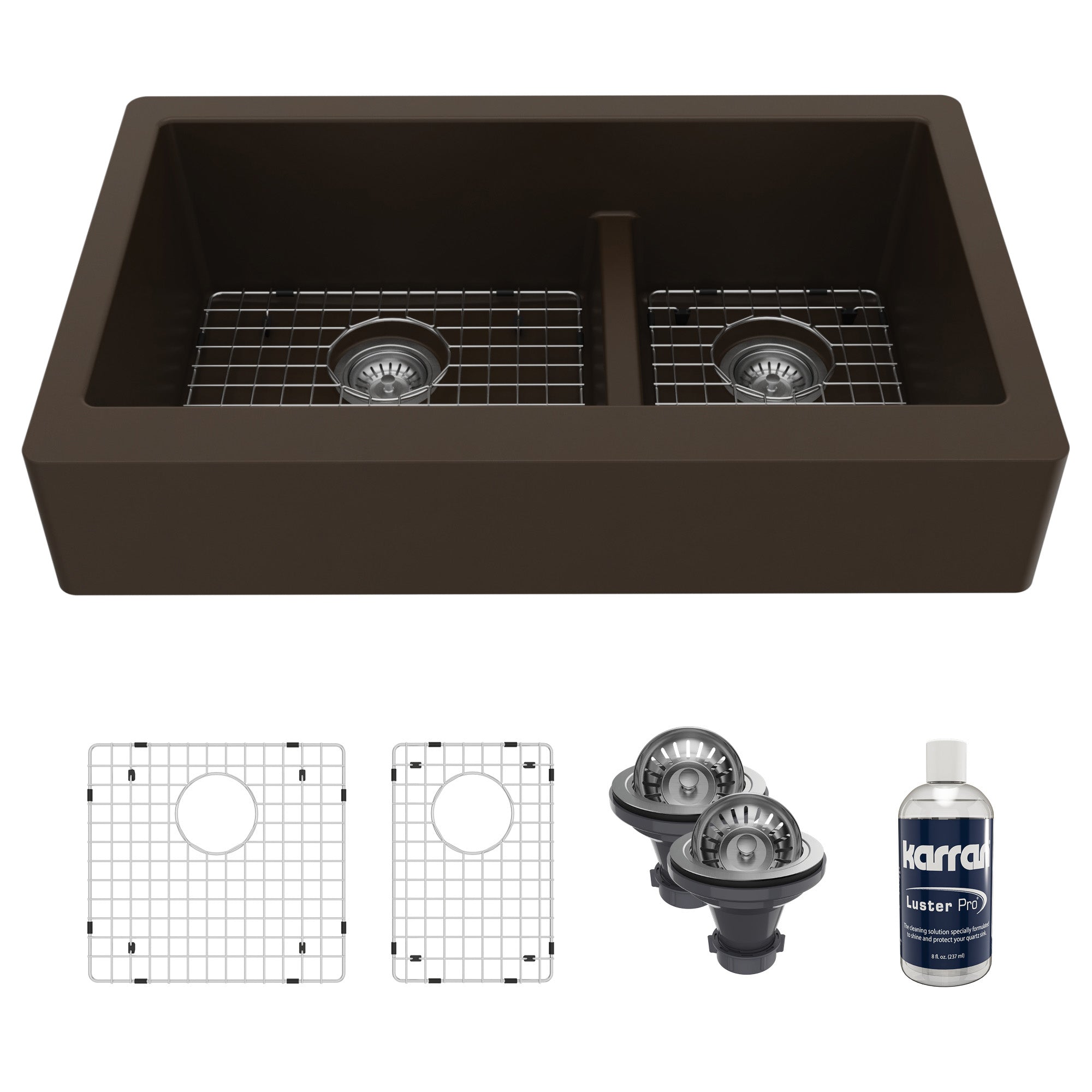 34" Retrofit Farmhouse Double Offset Bowl Quartz Composite Kitchen Sink Kit In Brown