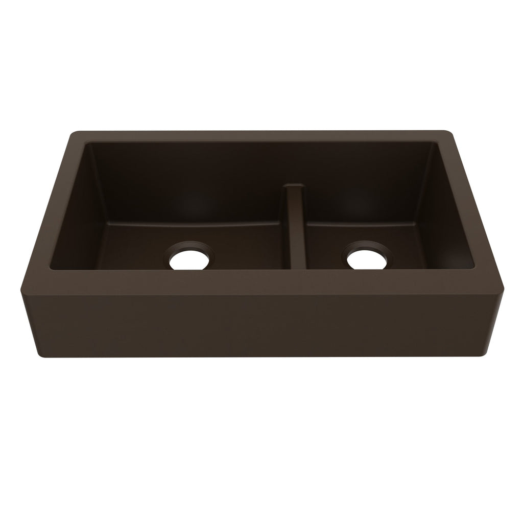 34" Retrofit Farmhouse Double Offset Bowl Quartz Composite Kitchen Sink In Brown