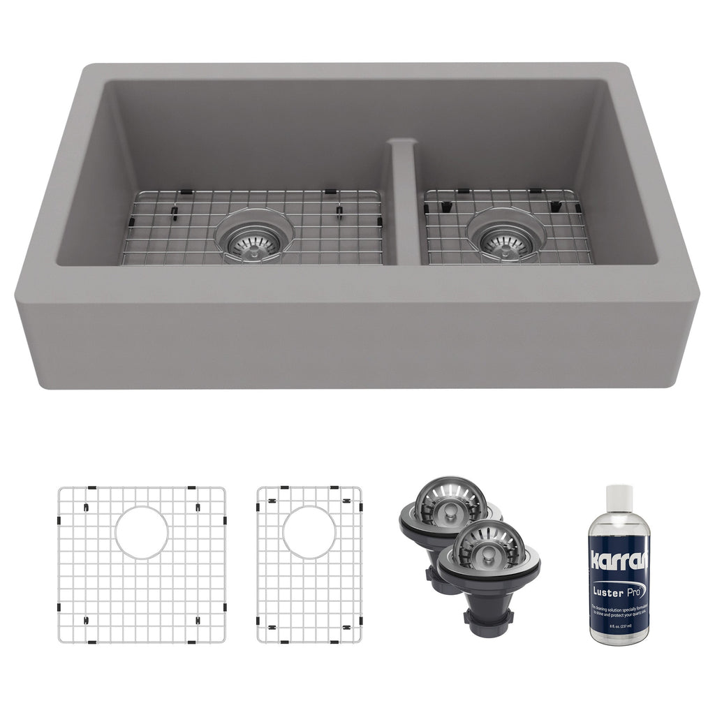 34" Retrofit Farmhouse Double Offset Bowl Quartz Composite Kitchen Sink Kit In Grey