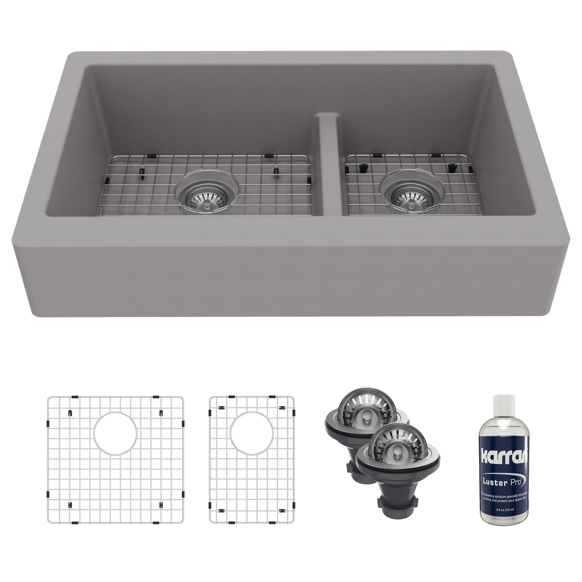 34" Retrofit Farmhouse Double Offset Bowl Quartz Composite Kitchen Sink Kit In Grey
