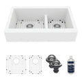 34" Retrofit Farmhouse Double Offset Bowl Quartz Composite Kitchen Sink Kit In White