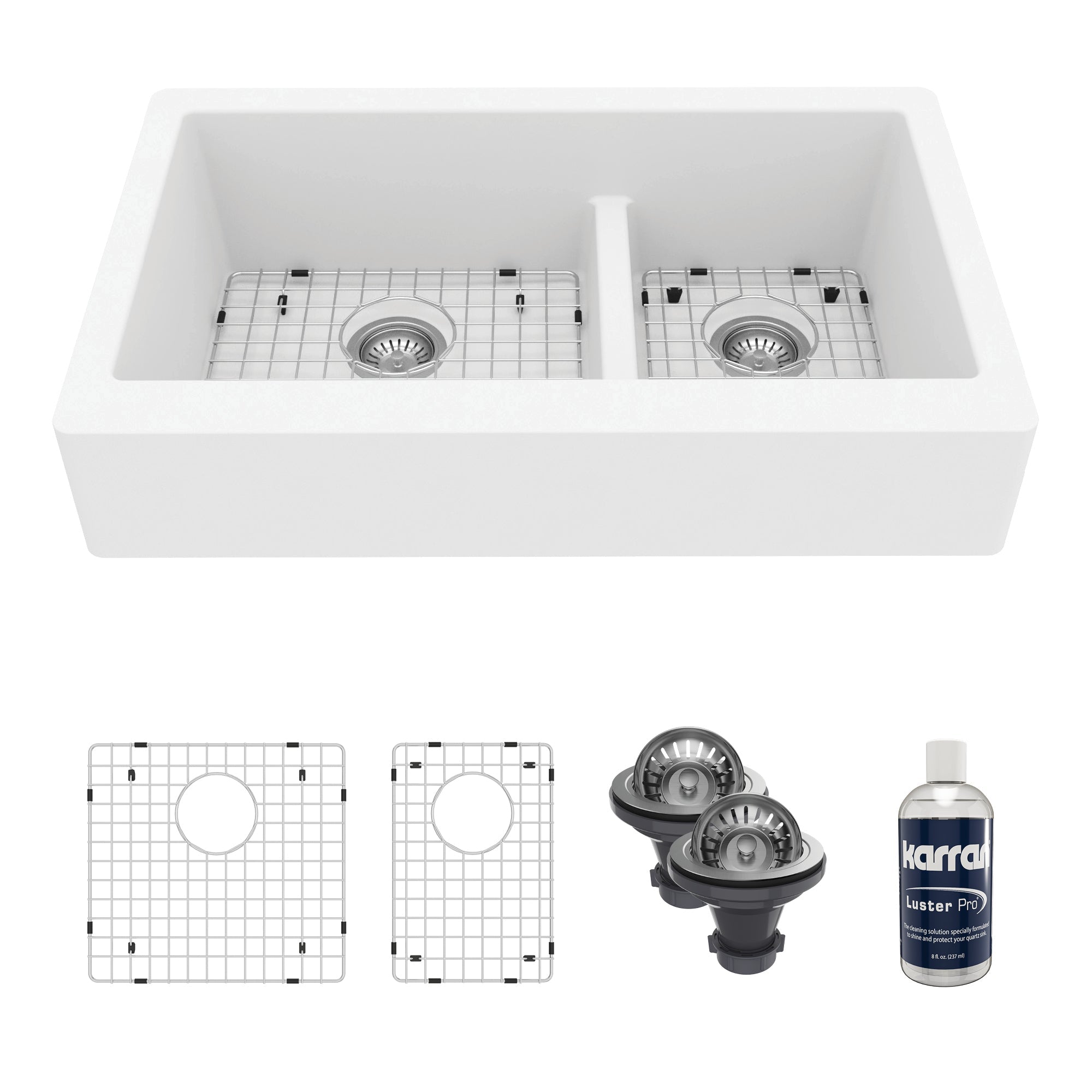 34" Retrofit Farmhouse Double Offset Bowl Quartz Composite Kitchen Sink Kit In White