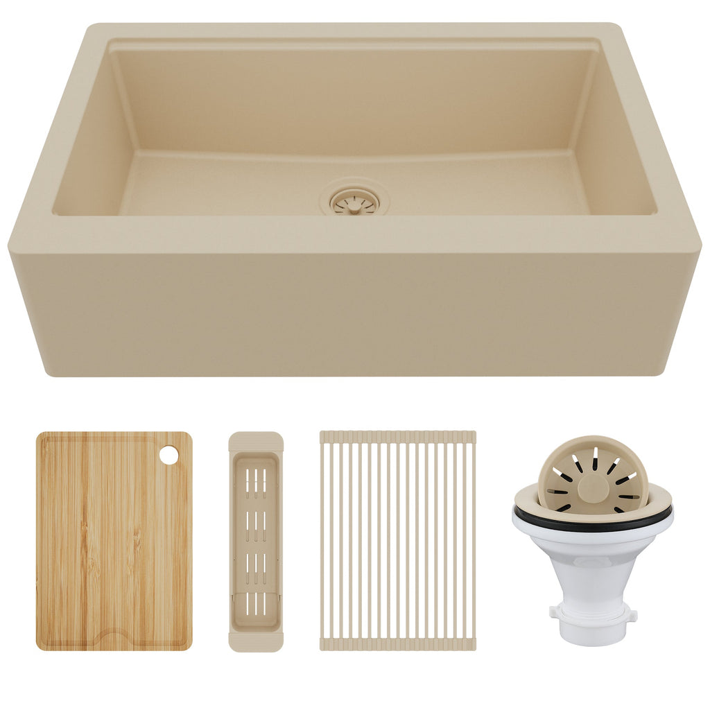 34" Deep Apron Front Single Bowl Quartz Kitchen Sink Kit In Bisque