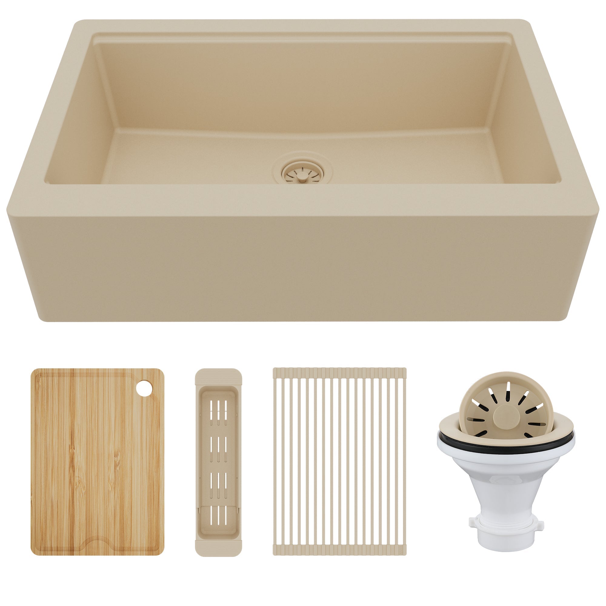 34" Deep Apron Front Single Bowl Quartz Kitchen Sink Kit In Bisque