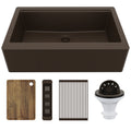 34" Deep Apron Front Single Bowl Quartz Kitchen Sink Kit In Brown