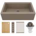 34" Deep Apron Front Single Bowl Quartz Kitchen Sink Kit In Concrete
