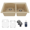33" Top Mount Double Offset Bowl Quartz Composite Kitchen Sink Kit In Bisque