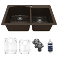 33" Top Mount Double Offset Bowl Quartz Composite Kitchen Sink Kit In Brown