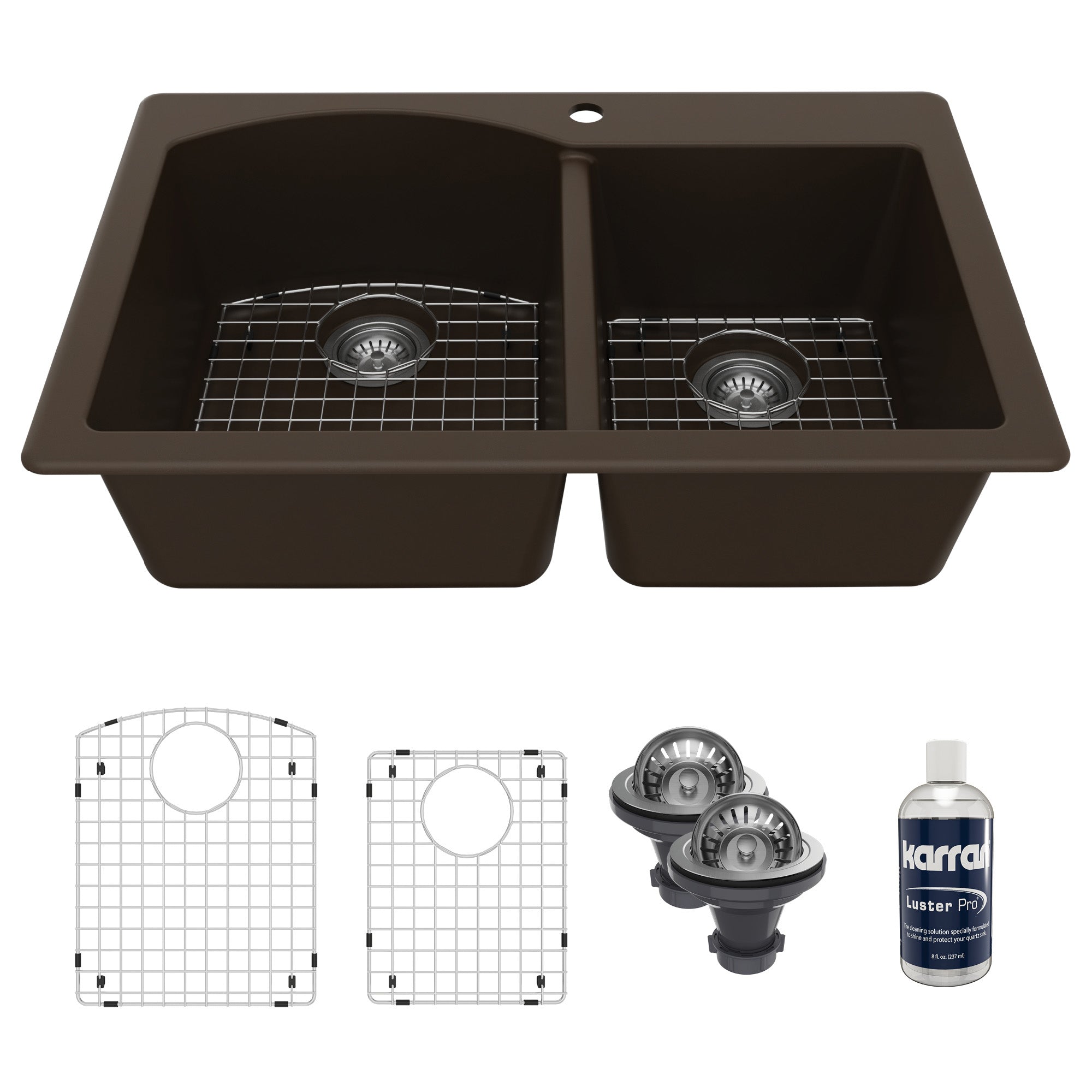 33" Top Mount Double Offset Bowl Quartz Composite Kitchen Sink Kit In Brown